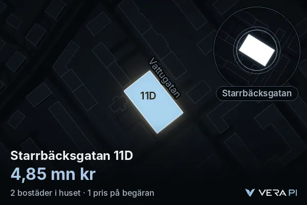 VERA PI:s bild av Starrbäcksgatan 11D: huset i 3D, upplyst i blått, och kartan runt omkring