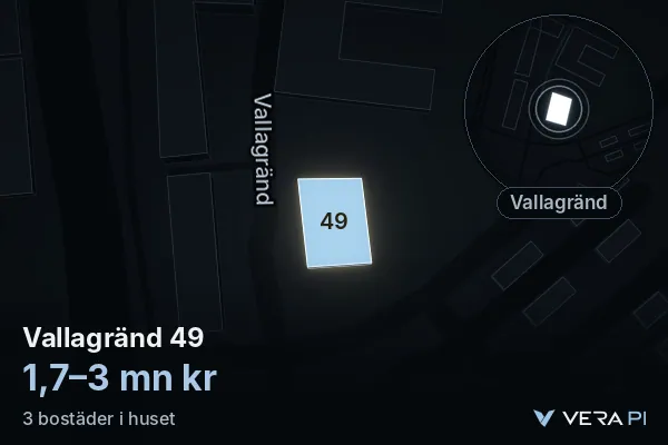 VERA PI:s bild av Vallagränd 49: huset i 3D, upplyst i blått, och kartan runt omkring