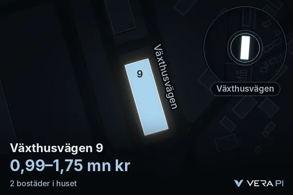 VERA PI:s bild av Växthusvägen 9: huset i 3D, upplyst i blått, och kartan runt omkring