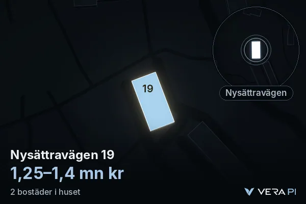 VERA PI:s bild av Nysättravägen 19: huset i 3D, upplyst i blått, och kartan runt omkring