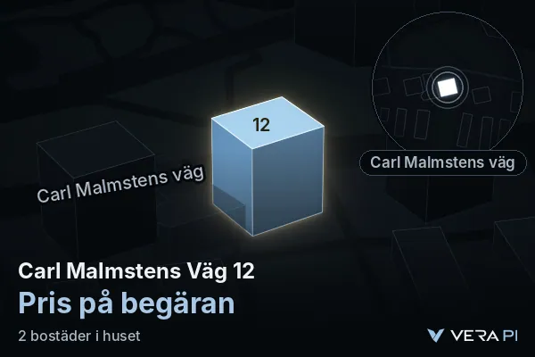 VERA PI's image of Carl Malmstens Väg 12: the building in 3D, lit in blue, and the map around it