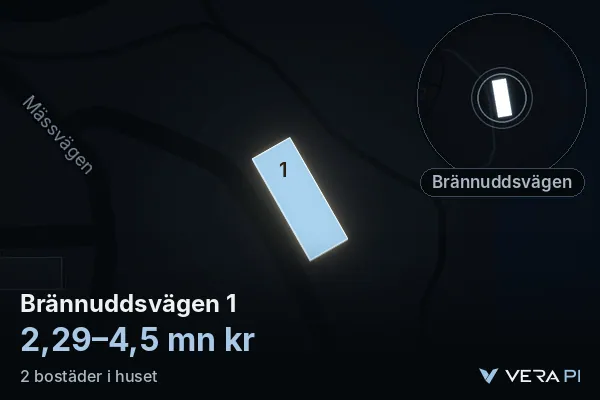 VERA PI's image of Brännuddsvägen 1: the building in 3D, lit in blue, and the map around it