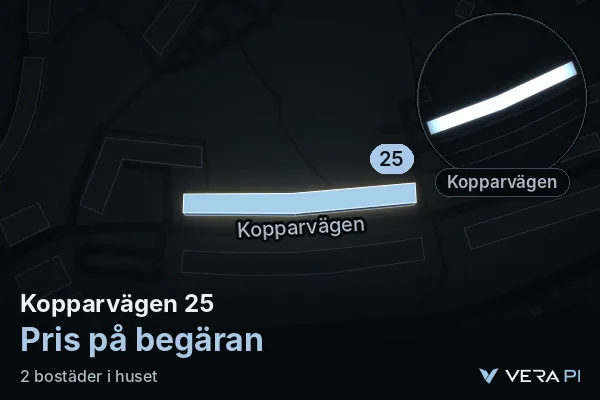 VERA PI's image of Kopparvägen 25: the building in 3D, lit in blue, and the map around it