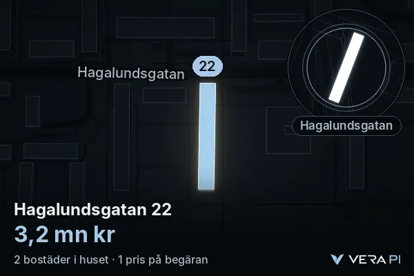 VERA PI's image of Hagalundsgatan 22: the building in 3D, lit in blue, and the map around it