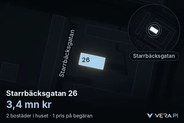VERA PI:s bild av Starrbäcksgatan 26: huset i 3D, upplyst i blått, och kartan runt omkring