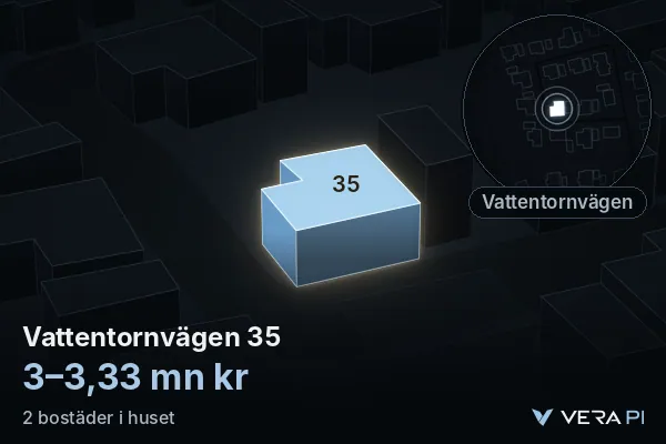 VERA PI:s bild av Vattentornvägen 35: huset i 3D, upplyst i blått, och kartan runt omkring