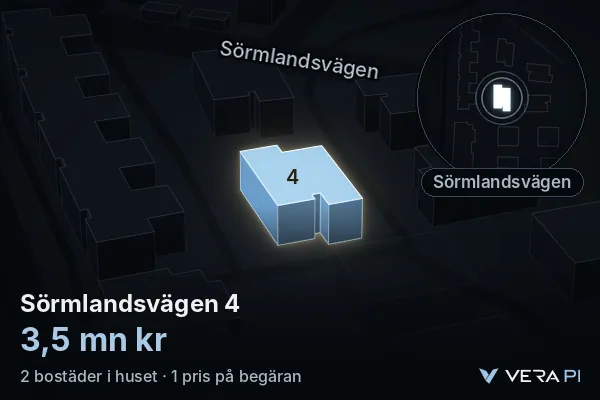 VERA PI:s bild av Sörmlandsvägen 4: huset i 3D, upplyst i blått, och kartan runt omkring