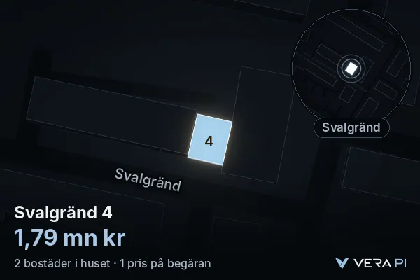 VERA PI:s bild av Svalgränd 4: huset i 3D, upplyst i blått, och kartan runt omkring