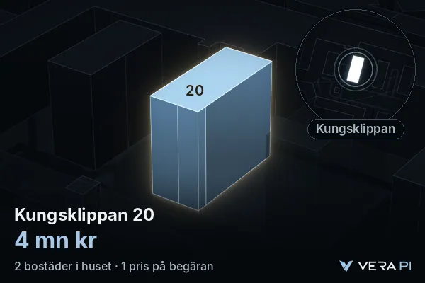 VERA PI:s bild av Kungsklippan 20: huset i 3D, upplyst i blått, och kartan runt omkring