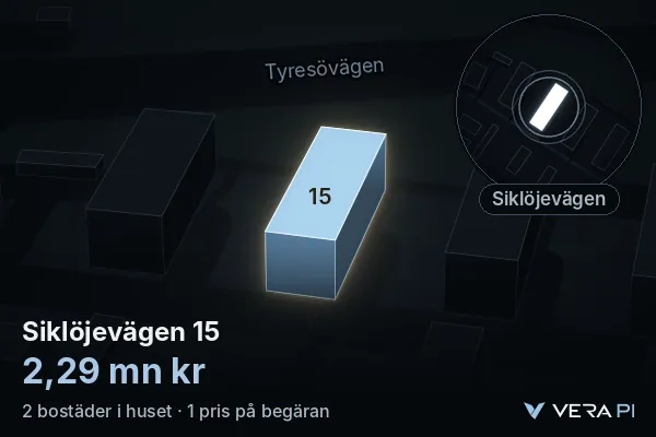 VERA PI:s bild av Siklöjevägen 15: huset i 3D, upplyst i blått, och kartan runt omkring