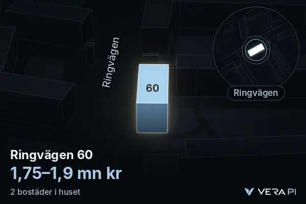 VERA PI:s bild av Ringvägen 60: huset i 3D, upplyst i blått, och kartan runt omkring