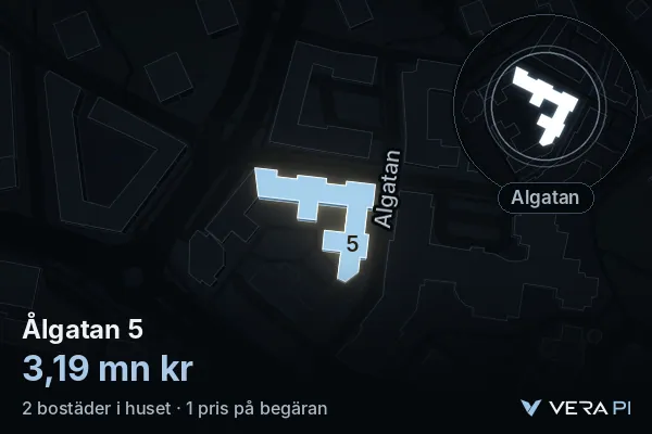 VERA PI's image of Ålgatan 5: the building in 3D, lit in blue, and the map around it