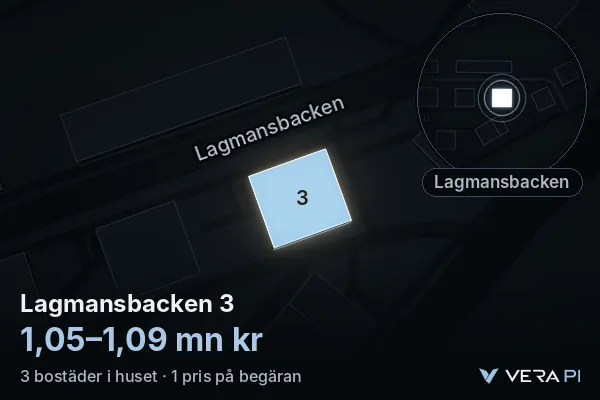 VERA PI's image of Lagmansbacken 3: the building in 3D, lit in blue, and the map around it