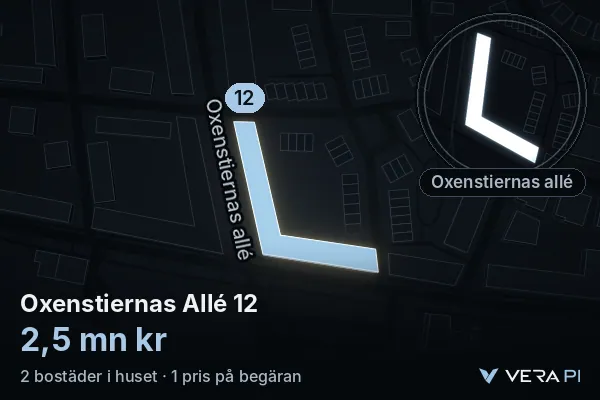 VERA PI:s bild av Oxenstiernas Allé 12: huset i 3D, upplyst i blått, och kartan runt omkring
