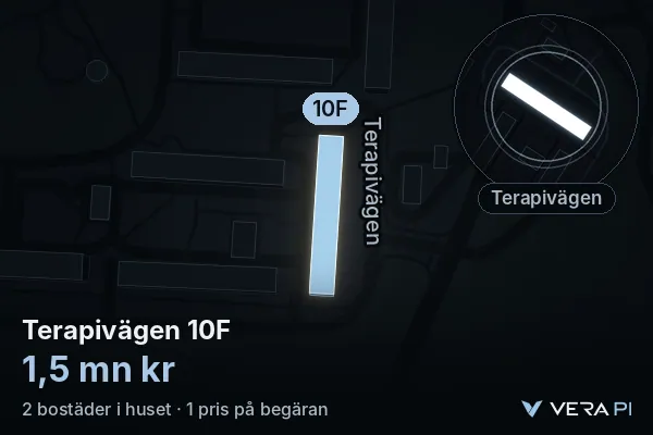 VERA PI:s bild av Terapivägen 10F: huset i 3D, upplyst i blått, och kartan runt omkring
