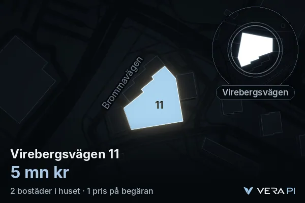 VERA PI's image of Virebergsvägen 11: the building in 3D, lit in blue, and the map around it