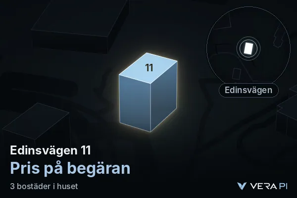 VERA PI:s bild av Edinsvägen 11: huset i 3D, upplyst i blått, och kartan runt omkring