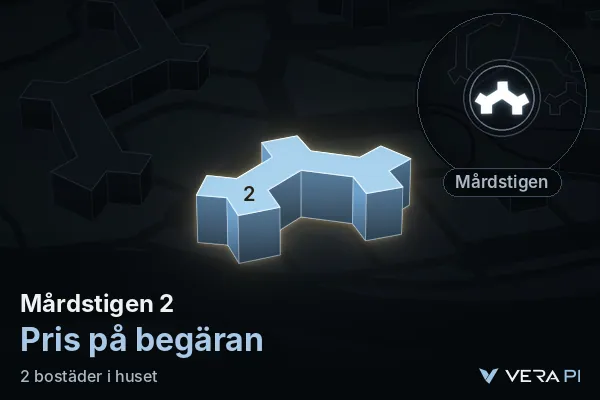 VERA PI:s bild av Mårdstigen 2: huset i 3D, upplyst i blått, och kartan runt omkring
