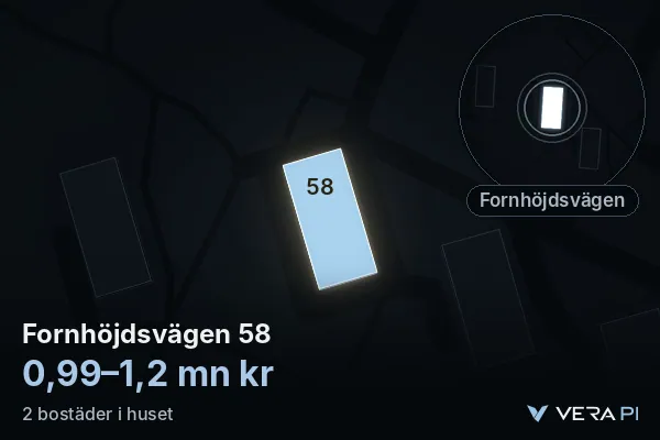 VERA PI's image of Fornhöjdsvägen 58: the building in 3D, lit in blue, and the map around it
