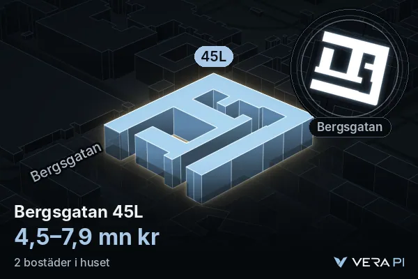 VERA PI's image of Bergsgatan 45L: the building in 3D, lit in blue, and the map around it