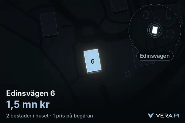 VERA PI:s bild av Edinsvägen 6: huset i 3D, upplyst i blått, och kartan runt omkring