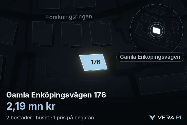 VERA PI:s bild av Gamla Enköpingsvägen 176: huset i 3D, upplyst i blått, och kartan runt omkring