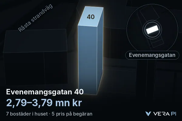 VERA PI's image of Evenemangsgatan 40: the building in 3D, lit in blue, and the map around it