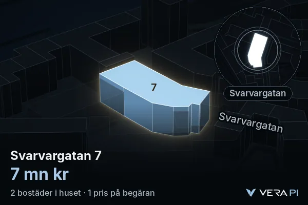 VERA PI:s bild av Svarvargatan 7: huset i 3D, upplyst i blått, och kartan runt omkring