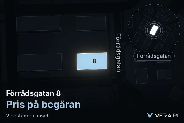 VERA PI's image of Förrådsgatan 8: the building in 3D, lit in blue, and the map around it
