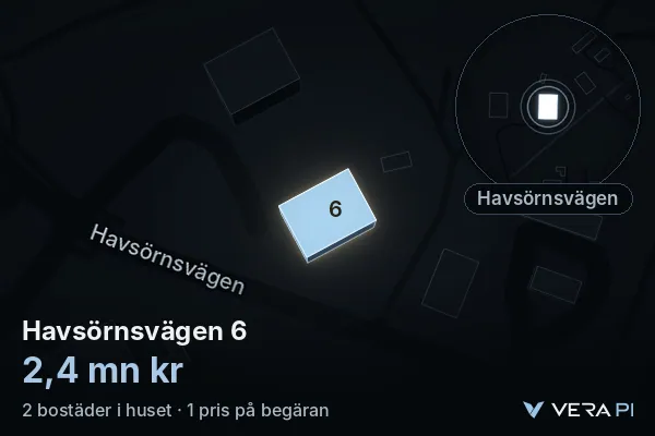 VERA PI:s bild av Havsörnsvägen 6: huset i 3D, upplyst i blått, och kartan runt omkring