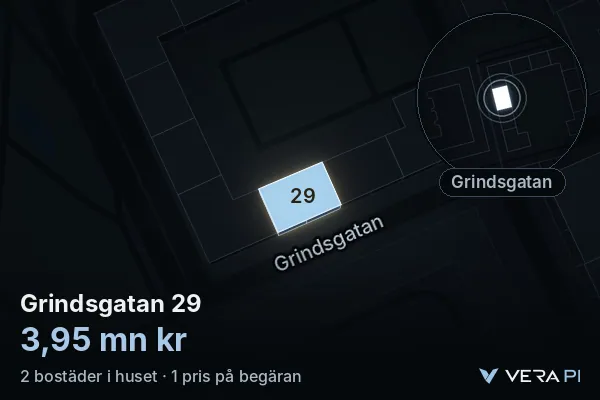 VERA PI:s bild av Grindsgatan 29: huset i 3D, upplyst i blått, och kartan runt omkring
