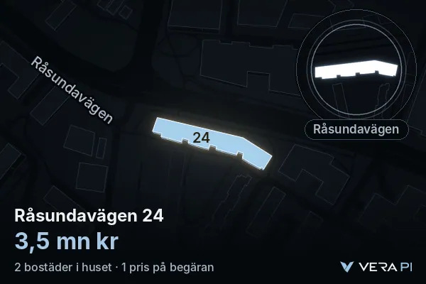 VERA PI's image of Råsundavägen 24: the building in 3D, lit in blue, and the map around it