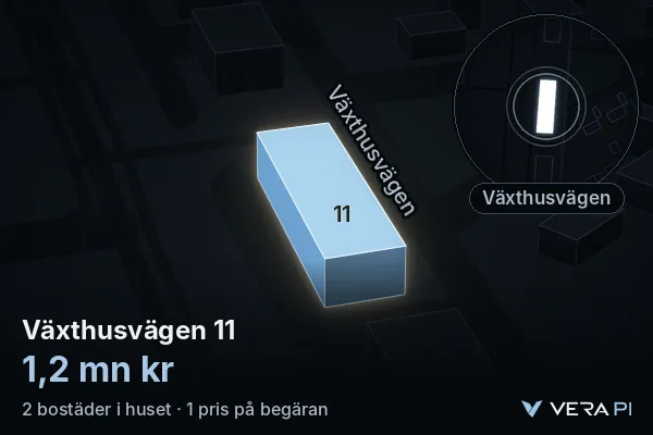 VERA PI:s bild av Växthusvägen 11: huset i 3D, upplyst i blått, och kartan runt omkring