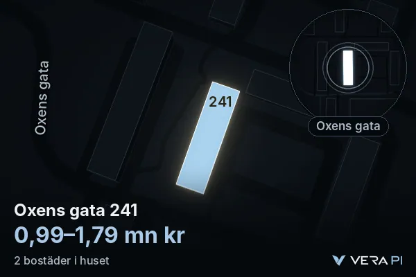 VERA PI:s bild av Oxens gata 241: huset i 3D, upplyst i blått, och kartan runt omkring