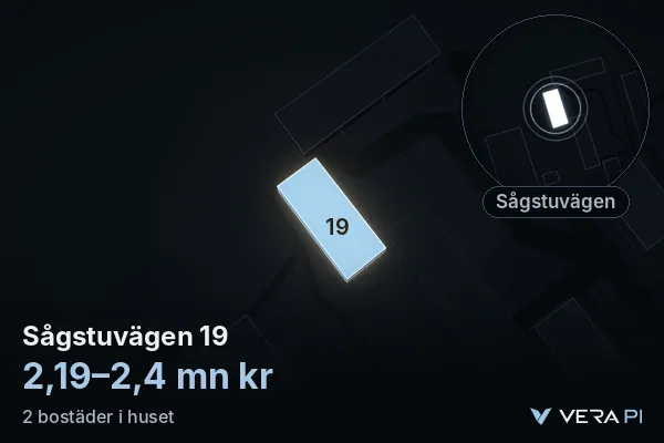 VERA PI:s bild av Sågstuvägen 19: huset i 3D, upplyst i blått, och kartan runt omkring