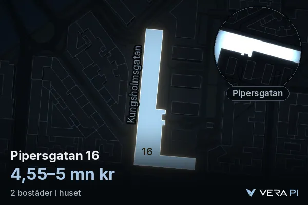 VERA PI:s bild av Pipersgatan 16: huset i 3D, upplyst i blått, och kartan runt omkring