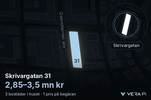 VERA PI:s bild av Skrivargatan 31: huset i 3D, upplyst i blått, och kartan runt omkring