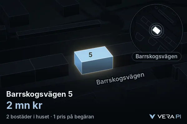 VERA PI's image of Barrskogsvägen 5: the building in 3D, lit in blue, and the map around it