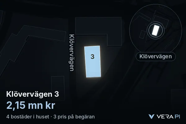 VERA PI's image of Klövervägen 3: the building in 3D, lit in blue, and the map around it