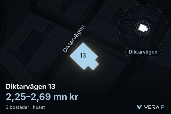 VERA PI's image of Diktarvägen 13: the building in 3D, lit in blue, and the map around it