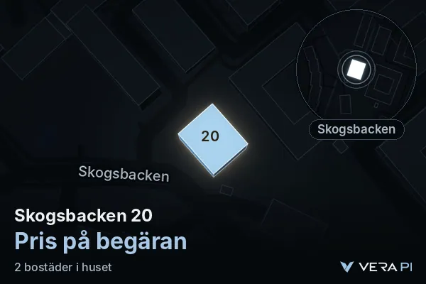 VERA PI:s bild av Skogsbacken 20: huset i 3D, upplyst i blått, och kartan runt omkring