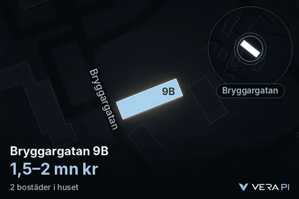 VERA PI:s bild av Bryggargatan 9B: huset i 3D, upplyst i blått, och kartan runt omkring