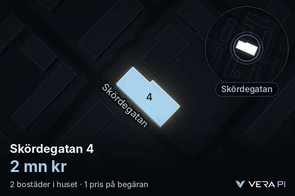 VERA PI:s bild av Skördegatan 4: huset i 3D, upplyst i blått, och kartan runt omkring
