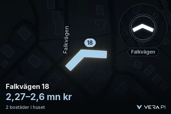 VERA PI:s bild av Falkvägen 18: huset i 3D, upplyst i blått, och kartan runt omkring