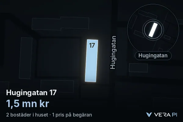 VERA PI:s bild av Hugingatan 17: huset i 3D, upplyst i blått, och kartan runt omkring