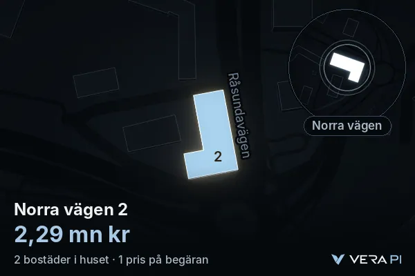 VERA PI's image of Norra vägen 2: the building in 3D, lit in blue, and the map around it