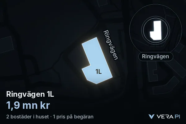 VERA PI's image of Ringvägen 1L: the building in 3D, lit in blue, and the map around it