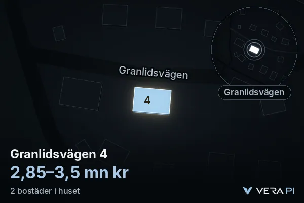 VERA PI:s bild av Granlidsvägen 4: huset i 3D, upplyst i blått, och kartan runt omkring