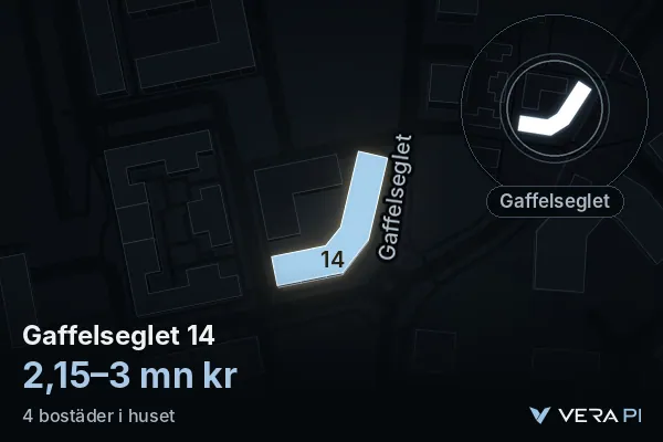 VERA PI:s bild av Gaffelseglet 14: huset i 3D, upplyst i blått, och kartan runt omkring