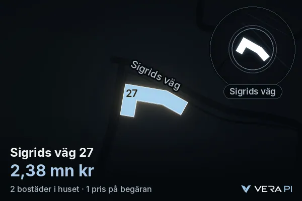 VERA PI:s bild av Sigrids väg 27: huset i 3D, upplyst i blått, och kartan runt omkring